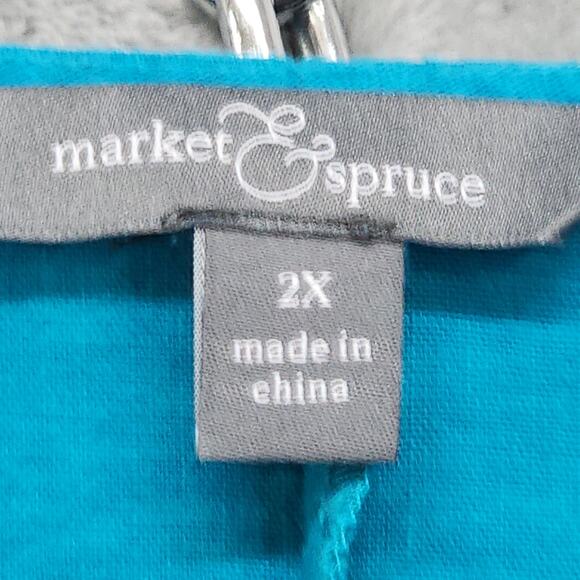 Market & Spruce Top Womens 2X Blue Linen Blend Ashlea Pleated Bell Sleeve V-Neck - Picture 4 of 11